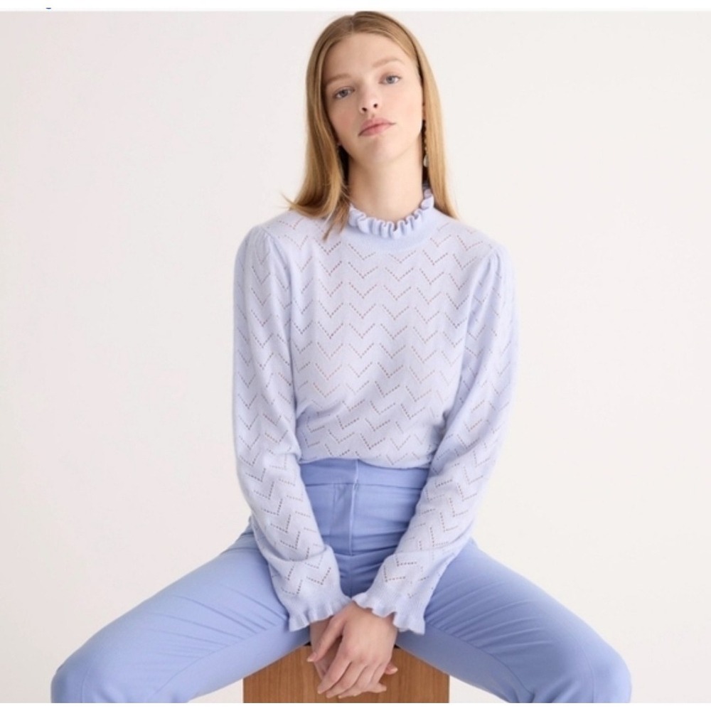 J. Crew 100% Cashmere Pointelle Mockneck Sweater Blue Ruffle Women's Large